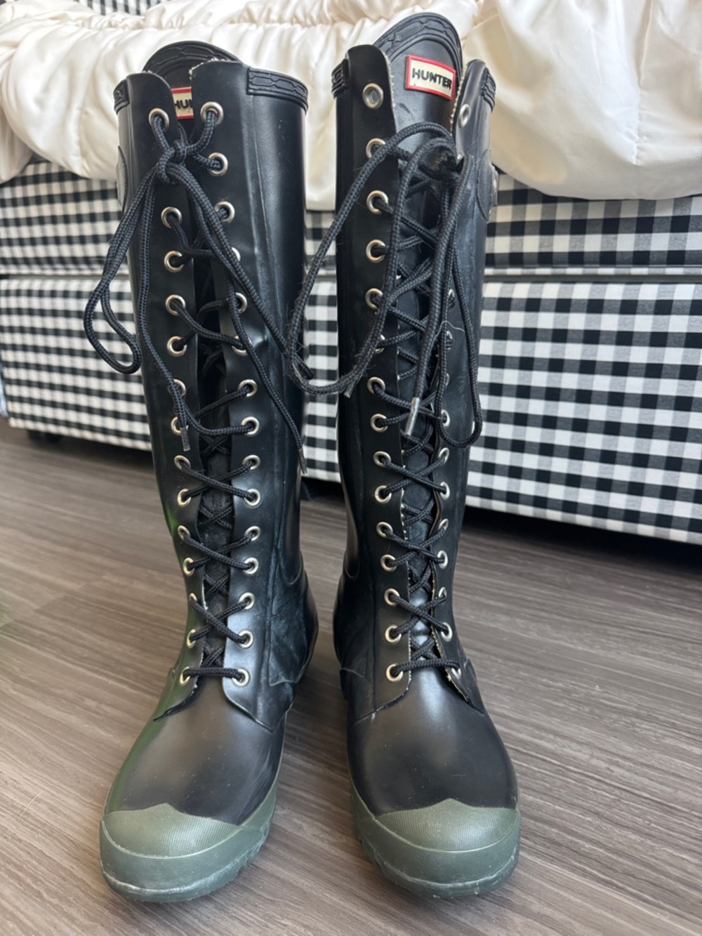 Hunter Black Lace-Up Tall Boots with Green Sole Trim